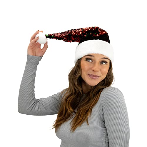 Plushible Santa Hat - Red & Green Flip Sequin Christmas Hats For Adults, Teens & Kids - Fun Winter Hats For Girls & Boys - Festive Holiday And Claus Costume Accessory Supplies - 18” X 12.5” #TOP3