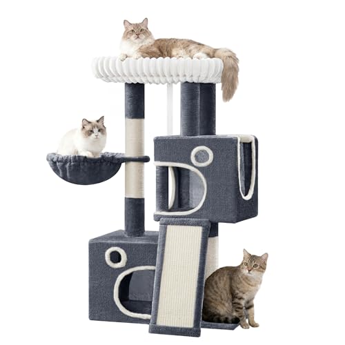 Hzuaneri Kratzbaum, 98 cm Kleiner Katzenbaum, Geräumiges und Stabile, mit Weiche Große Plattform, Plüschbälle, Höhlen, Kratzsäulen, Katzenkratzbrett, Dunkelgrau MS10118SG