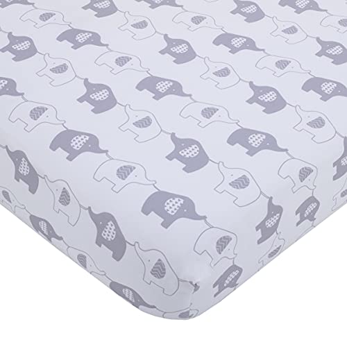 Image of NoJo Elephant Stroll White & Gray Fitted Crib Sheet, Grey, White