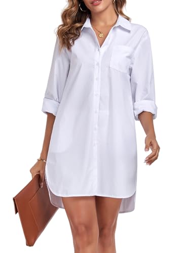 Women's Button Down Shirt Dress High Low Blouse with Pockets White