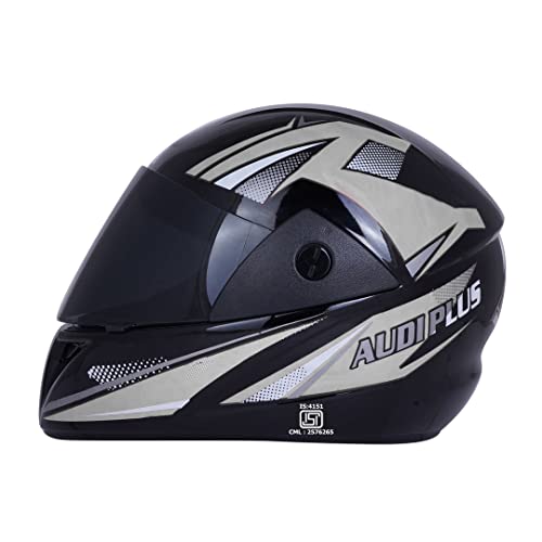 Image of Sage Square Plus Full Face Graphic Helmet (ISI Certified) Tinted Visor, High Standard Safety, Enhanced Design, Extra Comfort (Black Glossy-Silver) (Size: Medium)