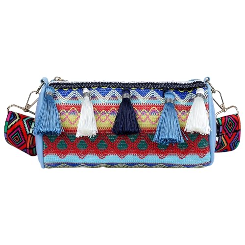 Sac ethnique compact de haute qualité brodé avec pompons colorblock élégants