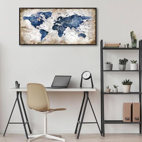 Image of World Map Canvas Wall Art Navy World Maps for Wall Vintage Modern Wall Art for Office Framed Pictures for Living Room Bedroom Wall Decoration for Home Office Decor Artwork for Walls 20x40IN