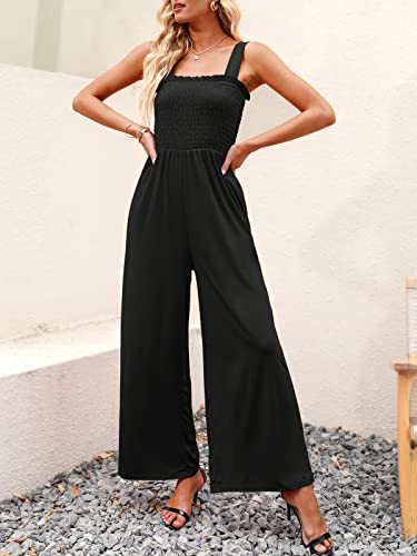 Caracilia Womens Summer Sleeveless Jumpsuits Casual Frill Smocked Wide Leg Pants Jumpsuit Black With Pockets C49A4-Heise-M #TOP2