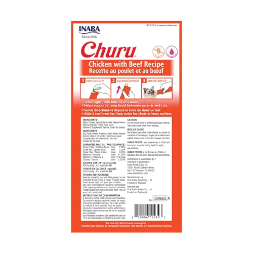 Image of INABA Churu Cat Treats, Grain-Free, Lickable, Squeezable Creamy Puree Cat Treat /Topper with Vitamin E & Taurine, 0.5 Ounces Each Tube, 24 Tubes (4 per Pack), Chicken with Beef Recipe