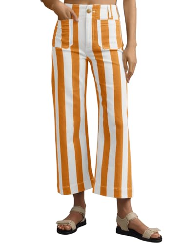 Tankaneo Womens Cropped Striped Jeans Casual High Waisted Stretchy Straight Leg Denim Pants with Pockets Orange