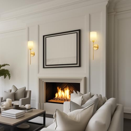 Image of Battery Operated Wall Sconces Set of Two,Wireless Rechargeable Wall Light With Remote Control, Dimmable, 1800K /3000K /4000K /6000K /RGB, Timer, for Living Room, Bedroom, Fireplace, TV, 23.6 Inch, Gold