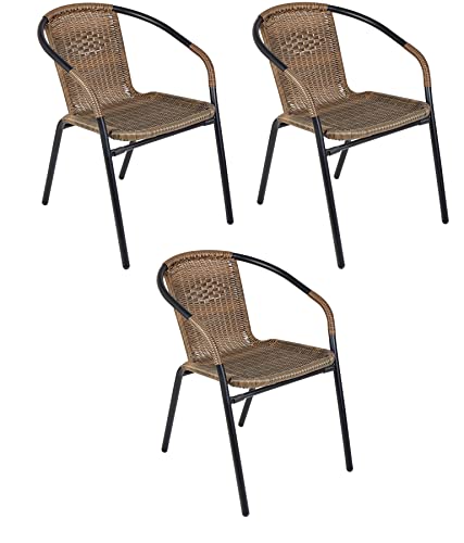 BTEXPERT Indoor Outdoor - Set of Three (3) Brown Patio Backyard Bistro Restaurant Chairs Rattan Stackable Cafe Arm Chairs