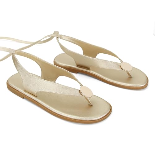 Image of Flat Sandals for Women Strappy Sandals Comfortable Dressy Beach Flip Flop Slides Thong Sandals for Women with Metal Circular