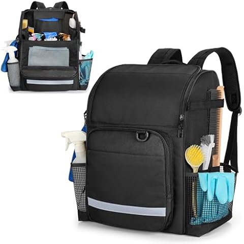 LoDrid Cleaning Bag with Thickened Adjustable Shoulder Straps, Large Cleaning Caddy Organizer with Multiple Pockets for Cleaning and Housework, Black (Patent Designed) Cover