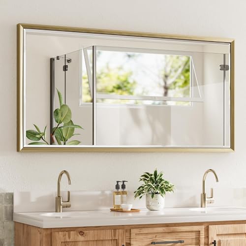 QueenFun 48 x 24 Gold Bathroom Mirror, Brushed Gold Beveled Bathroom Mirror, Shatterproof Large Gold Frame Rectangle Mirror, Brushed Brass Gold Framed Vanity Mirror Vertical/Horizontal Wall-Mounted