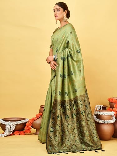 Satrani Women's Banarasi Silk Weaving Stone Work Saree With Unstitched Blouse Piece (4246S6722N_Pista Green)