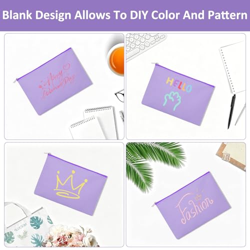 Image of 12 Pieces Cotton Canvas Makeup Bag, Multipurpose Cosmetic Bag with Zipper Travel Toiletry Pouch, Blank DIY Craft Bag (Purple, XL)