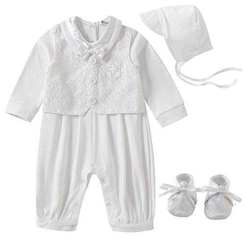 Booulfi Baby Boy's 3 Pcs Set Christening Baptism Outfits Long Sleeve Suit Romper Set with Hat and Shoes White,Cross Embroidery