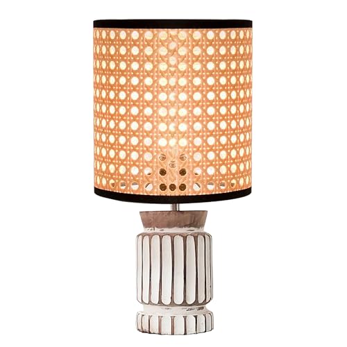 Image of Homesake Retro Farmhouse Table Lamp for Living Room Bedroom Rustic Linen Bedside Nightstand Lamps Table lamp for Living Room Table lamp for Study, Livra Collection, Carved Cylinder, (Rattan Cane)