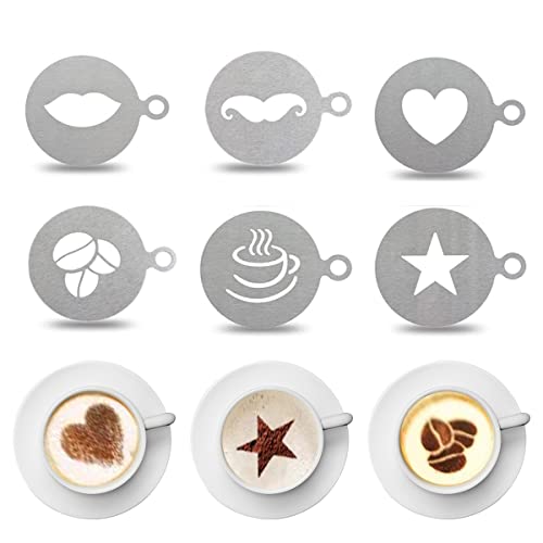 Edelstahl-Kaffeeschablonen, 6 Stück Latte-Art Kaffee-Dekorationsschablonen, Cappuccino Schablonen Kaffeezubehör für Kaffee-Girlande, Personalisierte Vorlage Kuchen Dekoration (Silber 6 Stück)