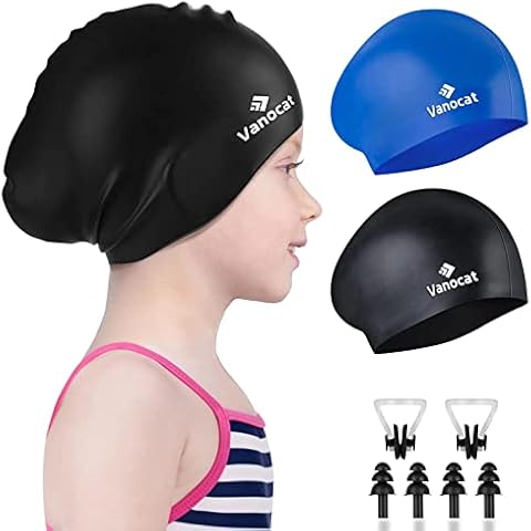 2 Pack Kids Swim Caps for Long/Short Hair, Unisex Silicone Swimming Cap for Age 3-15 Children Toddler Youth Teen, Waterproof Shower Cap Bathing Hats for Girls Boys with Ear Plugs & Nose Clip-8 Cover