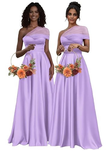Satin Bridesmaid Dresses One Shoulder Long A Line Pleated Formal Gown for Women NG60