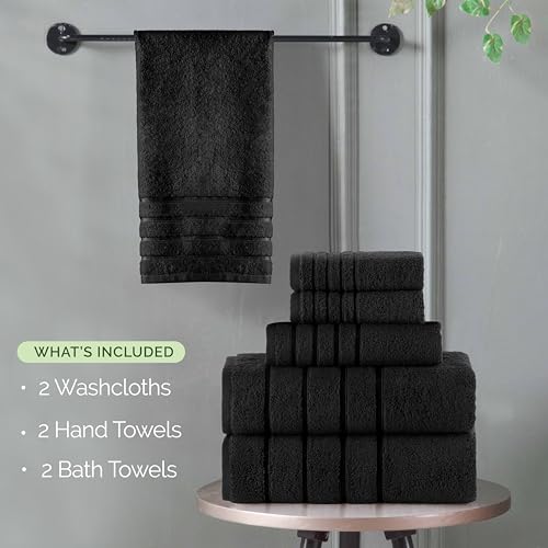 Image of Elegant Comfort 4 Lines Viscose Stripe 6-Piece Premium Towel Set - 100% Turkish Cotton High Absorbent Luxury Bathroom Towels - Includes 2 Washcloths, 2 Hand Towels and 2 Bath Towels Set, Black
