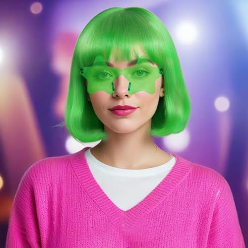 Image of ANOGOL Green Bob Wig with Bangs Green Wigs for Women Colored Wigs Party | Hair Cap+ Sunglasses Short Neon Wig for Bachelorette Party Funny Outfit for Women Halloween Christmas Costume St Patrick Day