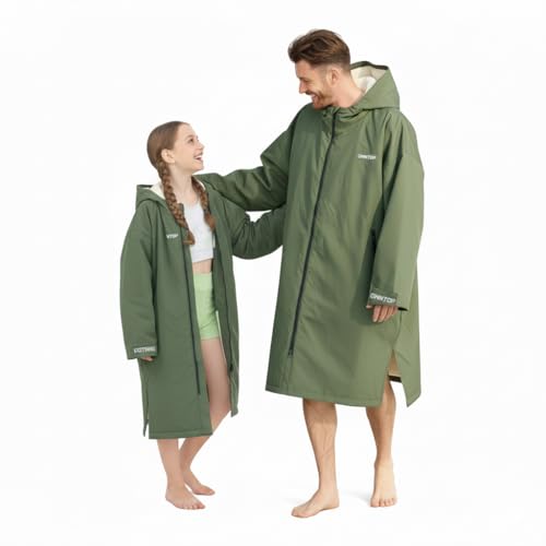 Owntop Wasserdichte Wickelmantel für Erwachsene - Leichtes Strandcape mit Frottee-Futter | Übergroßer Kapuzenjacke mit Fledermausärmeln | Wärmemantel Für Schwimmen, Surfen (Grün,M)