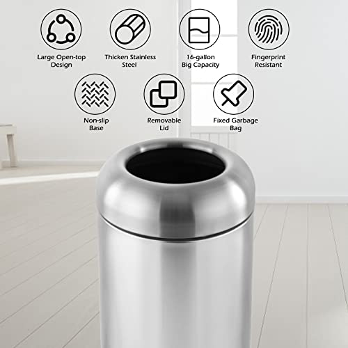 Image of Dyna-Living Large Trash Can Outdoor Stainless Steel Garbage Can with Lid Open Top Tall Trash Bin Commercial Big Kitchen Garbage Bin Industrial Waste Container (Silver)