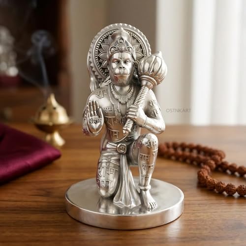 Image of Hanuman Ji Murti for Car Dashboard - 4 Inch Silver Polyresin Idol | Bajrangbali Statue for Home, Office & Mandir | Spiritual Showpiece | Housewarming, Birthday, Diwali Gift