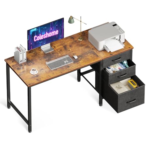 Coleshome Schreibtisch mit 3 Stoff Schubladen, 120x48cm Computertisch mit Kopfhörer Halter, Umkehrbare PC-Schreibtisch Bürotisch für kleines Heimbüro, Braun
