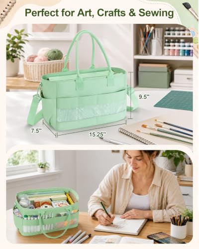 Image of Marscamd Craft Organizer Tote Bag, Art Supply Caddy, Green | with 11 Exterior Pockets, Zip-Top Closure, Detachable Shoulder Strap, Large Capacity for Art, Crafts & Sewing