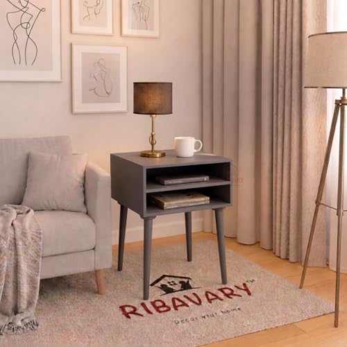 Image of Modern Bedside Table Nightstand with Solid Wood Legs, Practical End Side Table with Drawer Storage for Small Spaces Wooden Bedside Table, Coffee Table, Living Room /Bedroom (Grey-White)