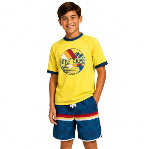 Image of iXtreme Boys Swim Set - 2 Piece Rash Guard Short Sleeve Swim Shirt and Boys Swim Trunks for Infants Toddlers & Big Boys