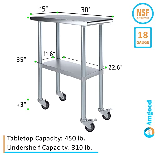Image of AmGood 15 inch Long x 30 inch Deep Stainless Steel Table with Casters