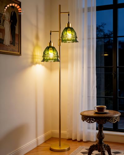 Image of Lightdot Glass Floor Lamp 2-Light Green Flower Dimmable Gold Floor Lamps