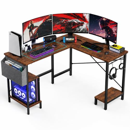 Image of Simple Deluxe L-Shaped Corner Desk with PC Stand, Storage Bag & Hooks - Reversible, Sturdy Steel Frame, Waterproof Top, 4 Colors (Brown)