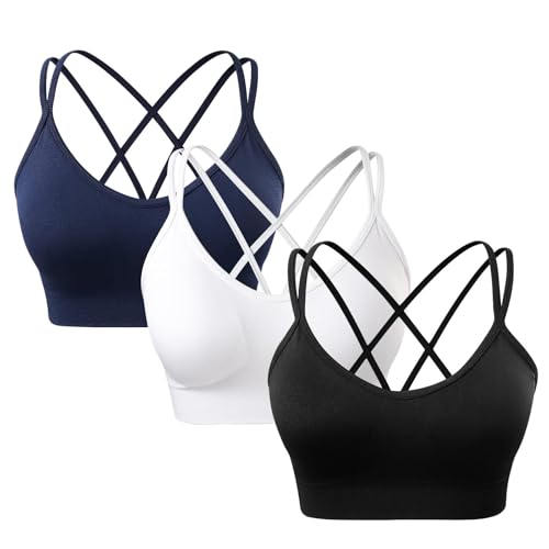 Women's Cross Back Sports Bra Padded Strappy Medium Support Yoga Bra for Workout Fitness 3 Pack