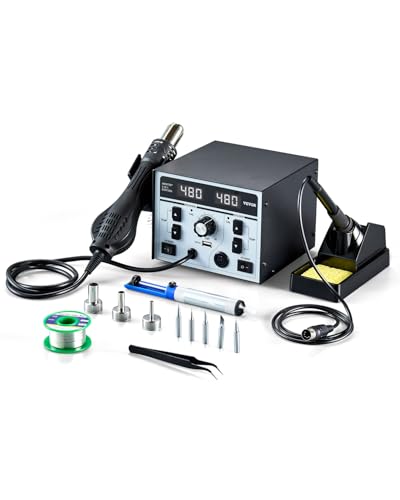 VEVOR Estación de Soldadura y Retrabajo de Aire Caliente 2 en 1, con Pantalla Digital 820 W con Puerto de Carga USB de 5 V, 3 Boquillas de Aire Caliente, 5 Puntas de Soldadura, 160 x 160 x 130 mm