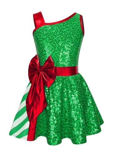 Fldy Kids Girls Christmas Dance Costumes Xmas Santa Elf Fancy Dress Up Shiny Sequins Dance Tutu Dress Leotard Green 10 Years