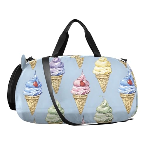 Duffle Bag for Boys or Girls with Shoes Compartment, Blue Background Multi Flavor Ice Cream Pattern Sports Travel Bag Overnight2