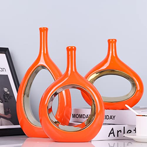 Modern Vases For Décor, Home Decorative Vases For Flowers, Orange Gold Vase For Shelf Décor, Table Décor, Ceramic Vase For Bookshelf, Fireplace Mantle, Centerpieces, Farmhouse,Rustic Décor,Set Of 3 #TOP3