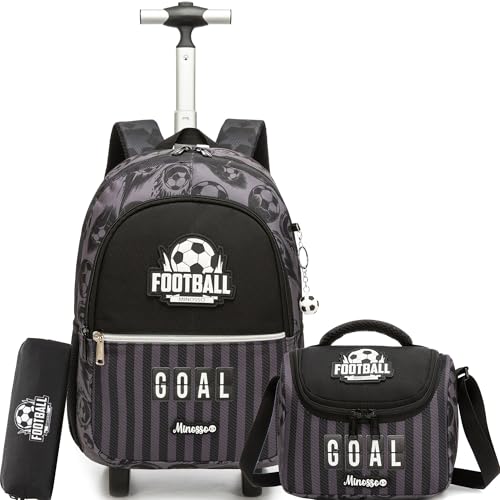 ZBAOGTW Mochila infantil de rodinhas com rodas, mochila de rodinhas para meninos, mochila escolar para viagens primárias e uso diário, Futebol preto