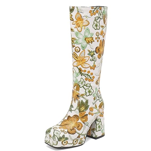 KISSASA Knee High Floral Boots Platform Chunky High Heel Knee High Boots Zip Up Flower Boots