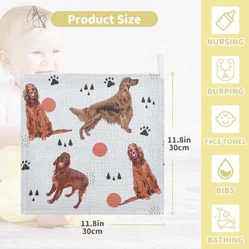 Image of vvfelixl Irish Setter Dog Pattern Baby Burp Cloths Baby Muslin Washcloths for Boys Girls Cotton Baby Face Towel for Newborn Infants Soft and Absorbent 11.8 X 11.8 in, 5 Pack