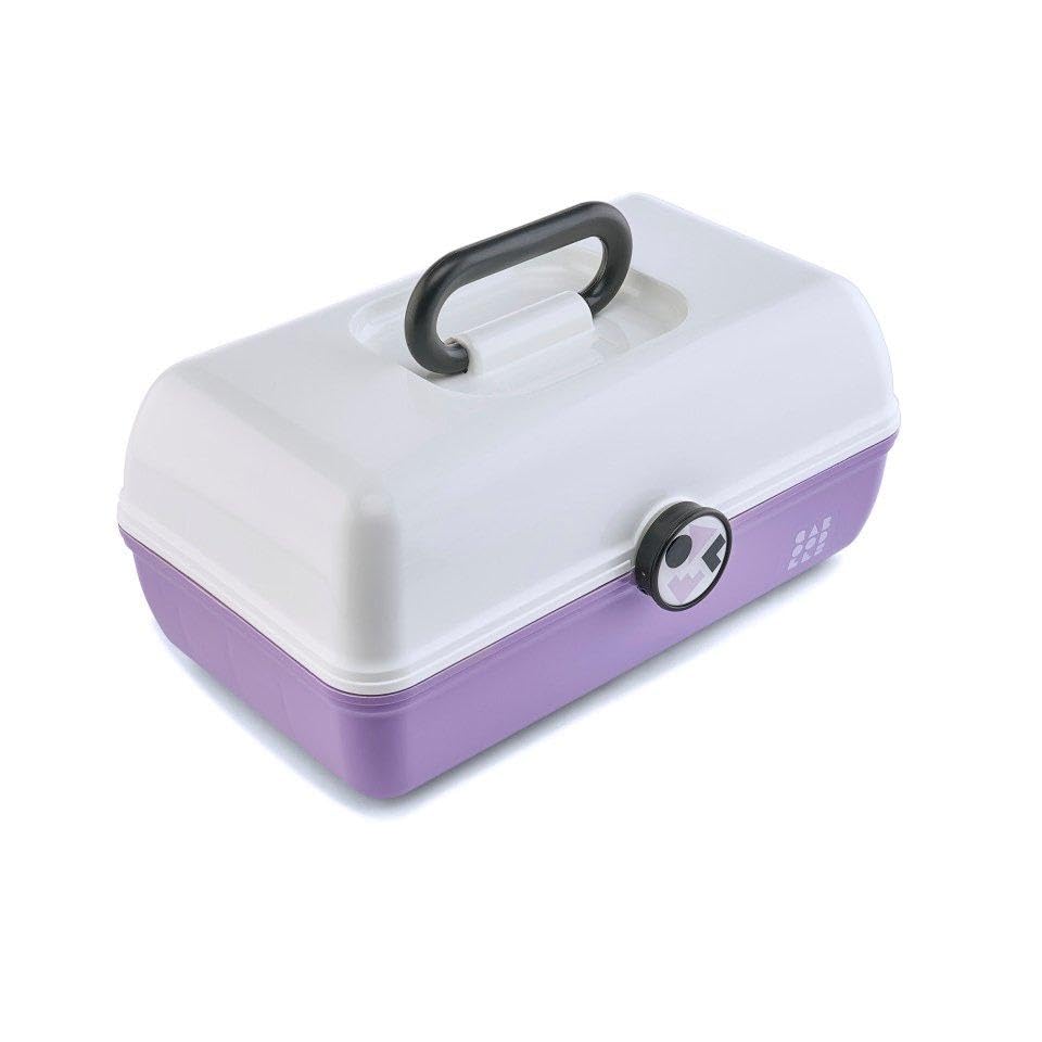 Image of Caboodles School Spirit On-The-Go Girl Makeup Box, White Over Lavender, Hard Plastic Makeup Organizer Box, Built-In Mirror, Secure Latch for Safe Travel, Spacious Storage for Large Items