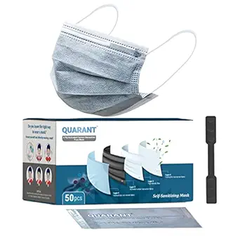 QUARANT Meltblown Fabric 4 Ply Nanosilver Activated Carbon Face Mask with Nose Clip, Mask Extender & Reusable Travel Pouch, Self Sanitizing Masks, ISO Certified (Grey, Pack of 50) for Unisex