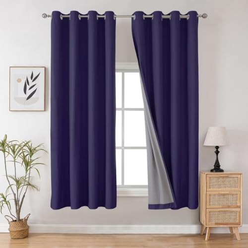Image of Joydeco Navy Blue Blackout Curtains 72 Inch Long, Black Black Out Curtains for Bedroom Windows, Room Darkening Thermal Insulated Short Textured Grommets Drapes for Living Room