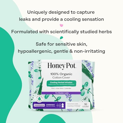 Image of The Honey Pot Company - Cooling - Overnight - Incontinence Pads for Women | Cooling Effect - Infused w /Mint, Aloe, Lavender - Organic Cotton Cover - Bladder Leak Control - Feminine Care - 64 ct