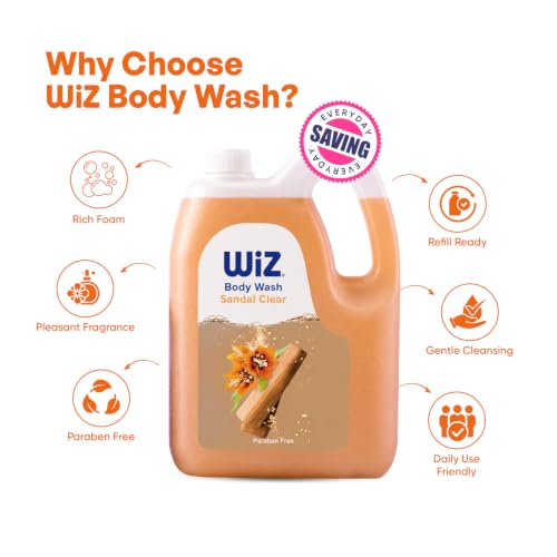 Image of Wiz Sandal Clear Body Wash 5L Refill Can | Paraben Free Shower Gel | Long Lasting Fragrance | Family Pack Liquid Body Cleanser for Men & Women