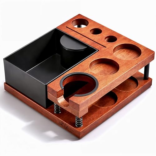 SKLife style design Tamperstation Espresso 5158 mm Premium Coffee Tamping Station aus Sapeli Holz mit Knock Box Barista Zubehör & Stopfstation Organizer für Siebträger