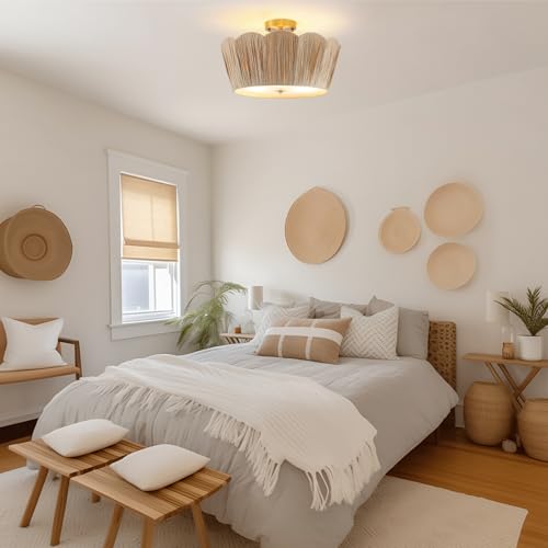 Image of 18 inch Boho Ceiling Light 3-Light Semi Flush Mount Ceiling Light Fixture with Woven Raffia Shade, Boho Light Fixture for Bedroom Kitchen Hallway Entryway