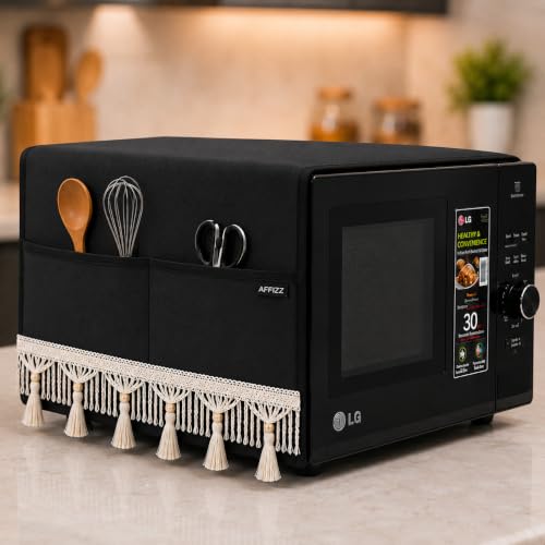 AFFIZZ Microwave Oven Cover with Tassel Lace - Waterproof Dustproof Polyester Top Cover for Kitchen with 4 Side Pockets, Modern Design, Black (100 × 35 cm)